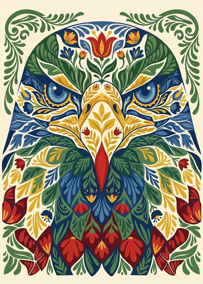 Traditional Nordic Kurbits Folk Art Eagle Illustration