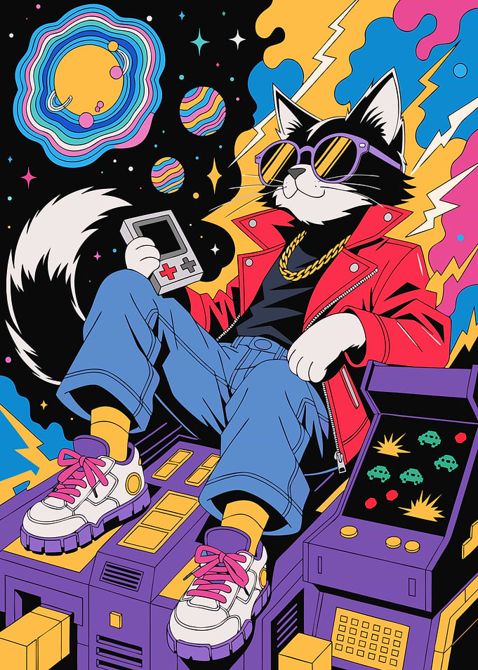 Cool Retro Gamer Cat Illustration