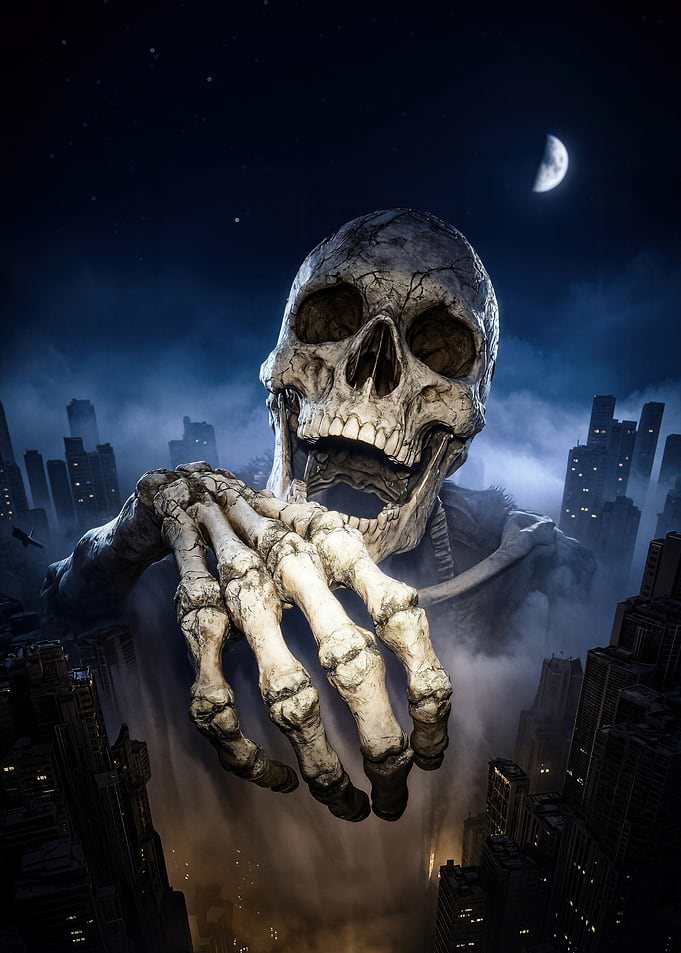 Giant Skeleton Looming Over City