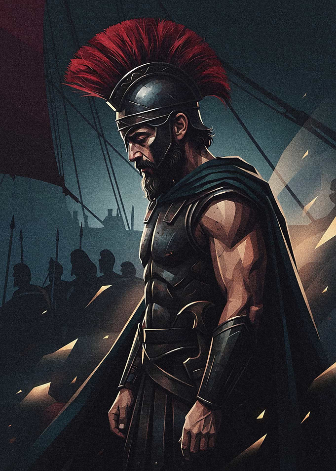 Pensive Spartan Warrior in Battle Armor