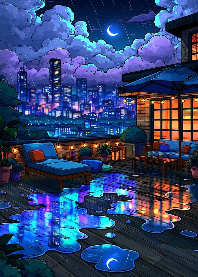 Rainy Night Rooftop City View