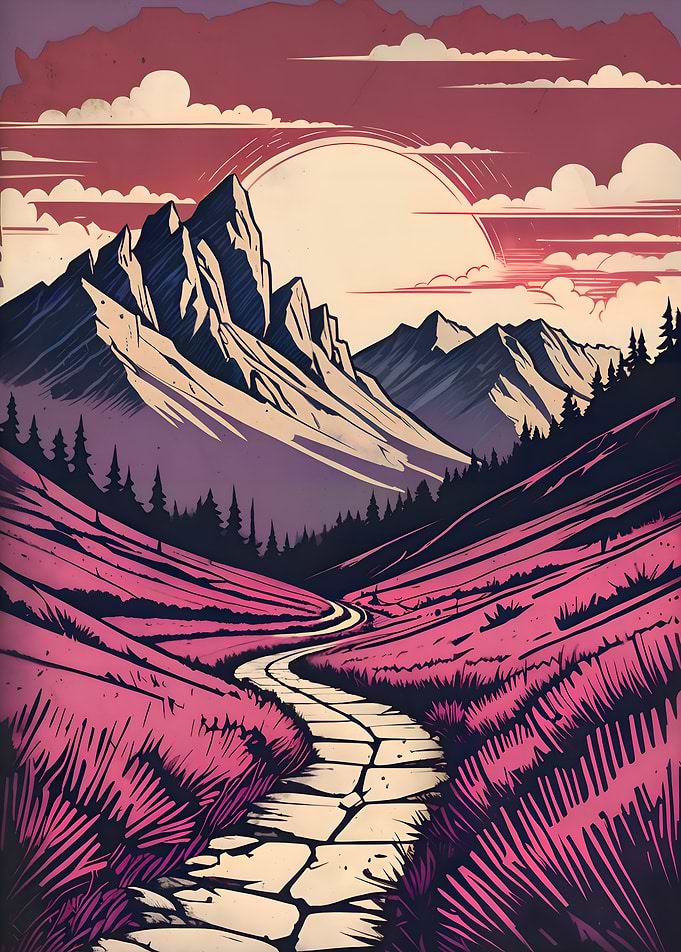 Stylized Mountain Landscape at Sunset