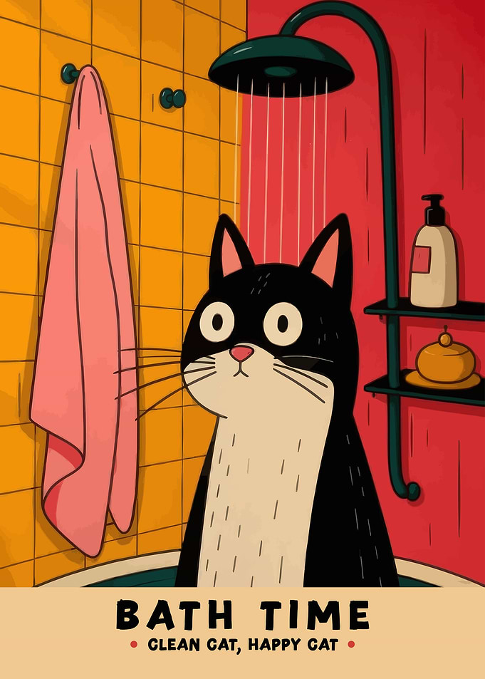 Funny Bath Time Cat Illustration