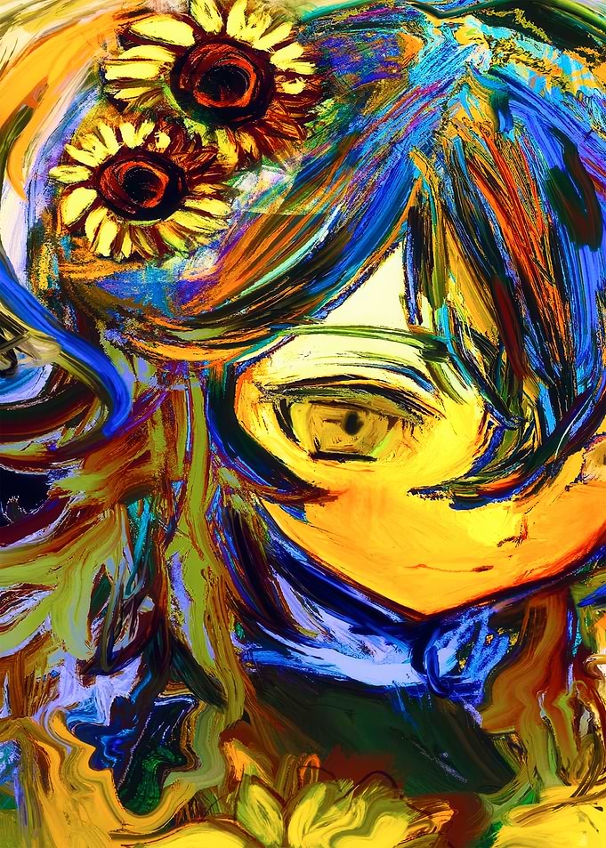 Impressionist Anime Girl with Sunflowers