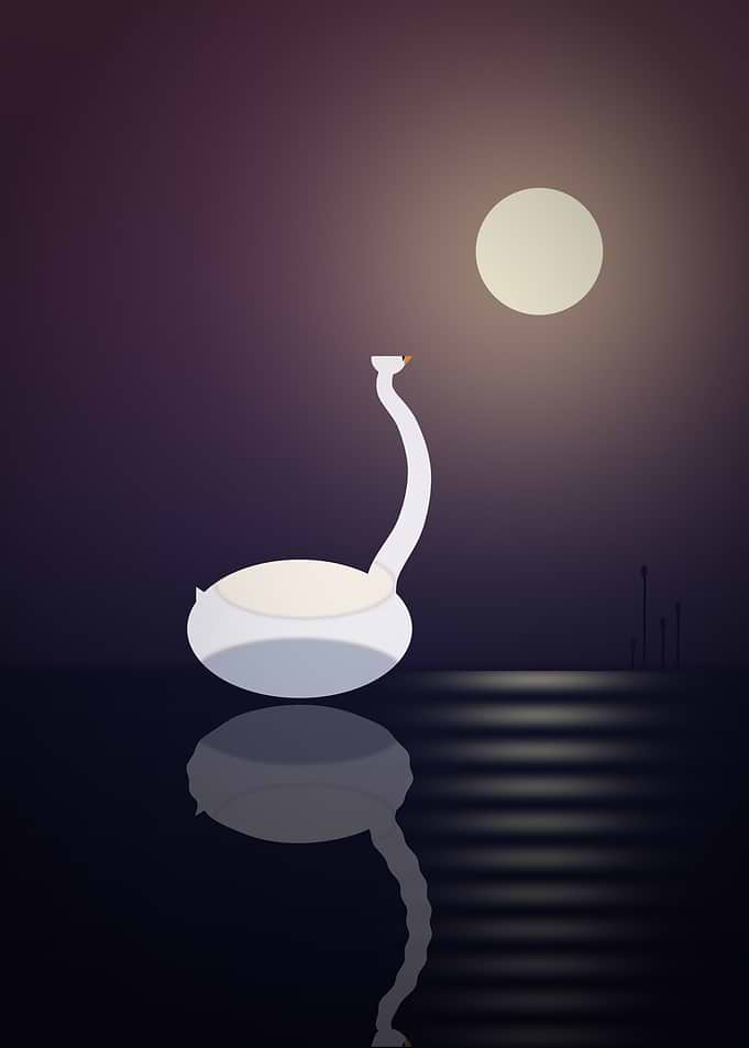 Swan - Minimalist White Swan Gliding Under a Full Moon