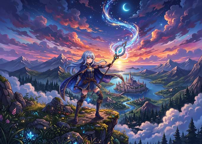 Anime Mage Overlooking Fantasy Kingdom