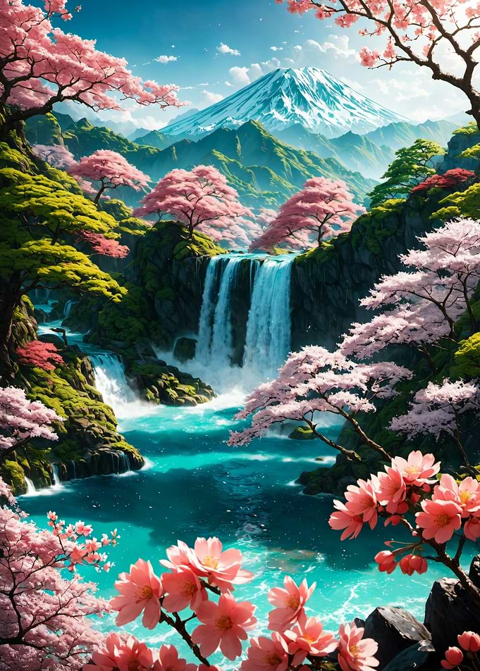 Sakura Waterfall and Cherry Blossom Japan