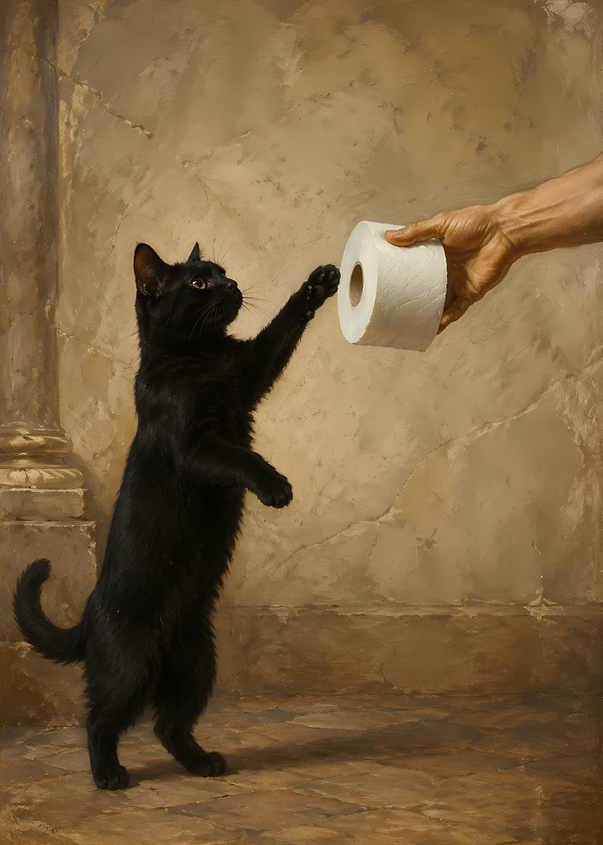 Black Cat Reaching for Toilet Paper