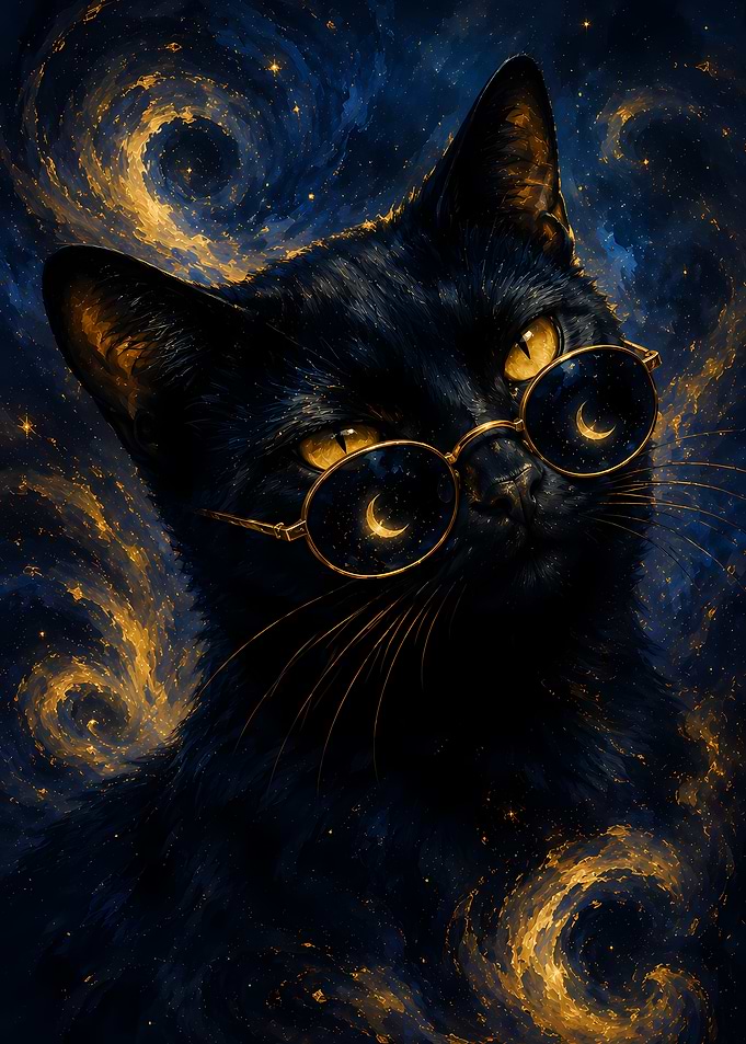 Celestial Black Cat with Moon Glasses