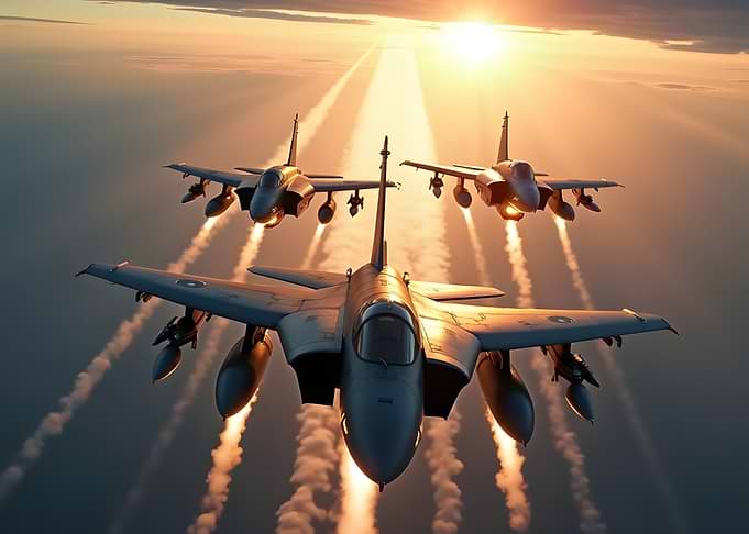 Three Fighter Jets Flying at Sunset