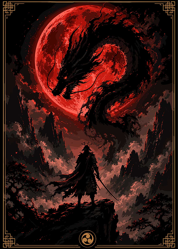 Samurai Facing a Red Moon Dragon