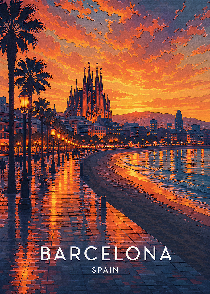 Barcelona Spain Sunset Travel Poster