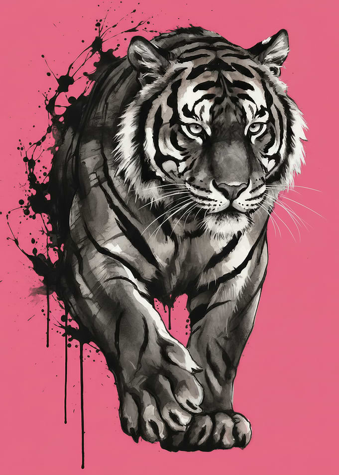 Black and White Tiger Ink Illustration