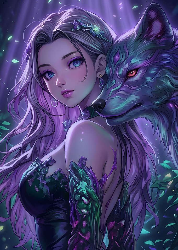 Anime Girl with Mystical Wolf