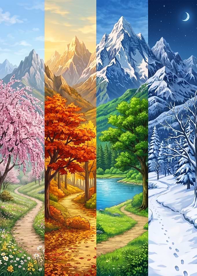Four Seasons Mountain Landscape Vertical Panel
