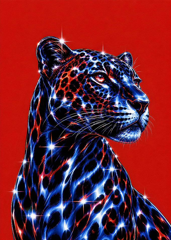 Sparkling Blue Leopard on Red