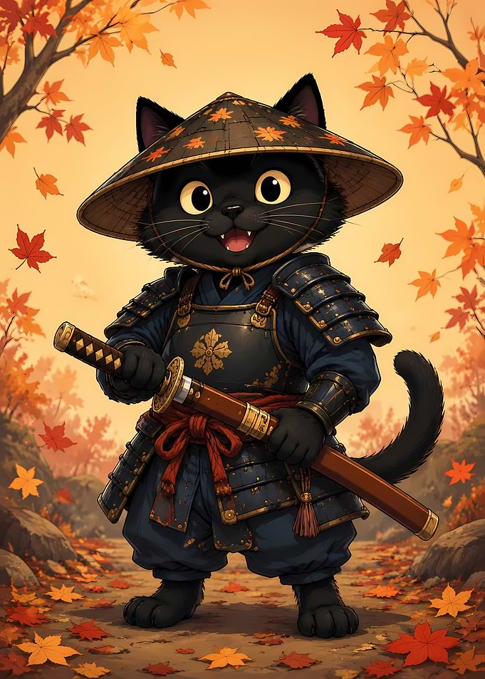 Cute Black Cat Samurai Warrior