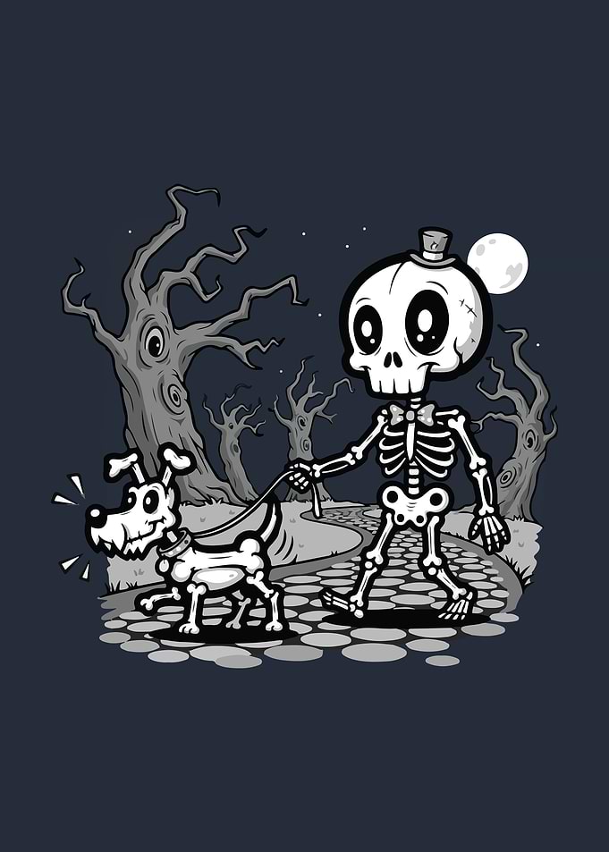 Skeleton Walking His Skeleton Dog