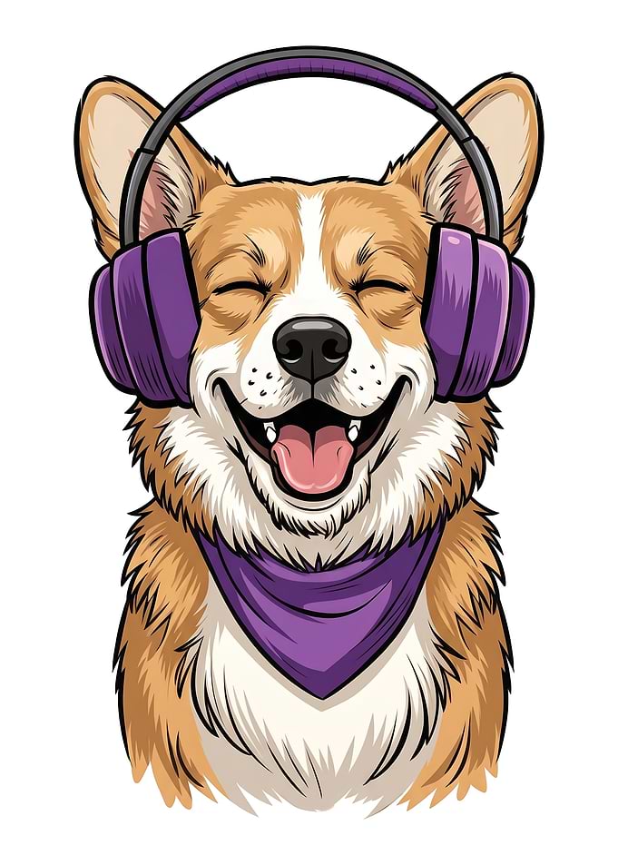 Happy Corgi Wearing Purple Headphones