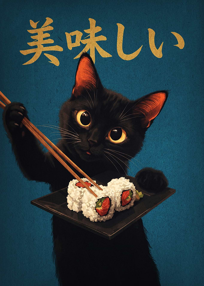 Cute Black Cat Eating Sushi