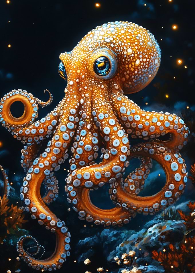 Glowing Golden Octopus Underwater