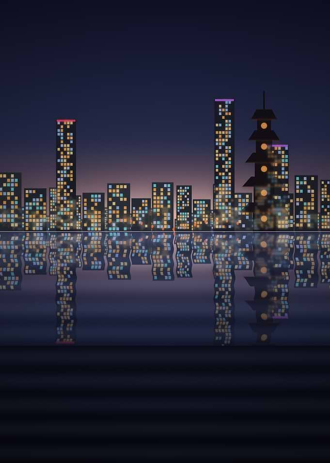 Japanese Night City - Illuminated Skyline and Pagoda Over Water