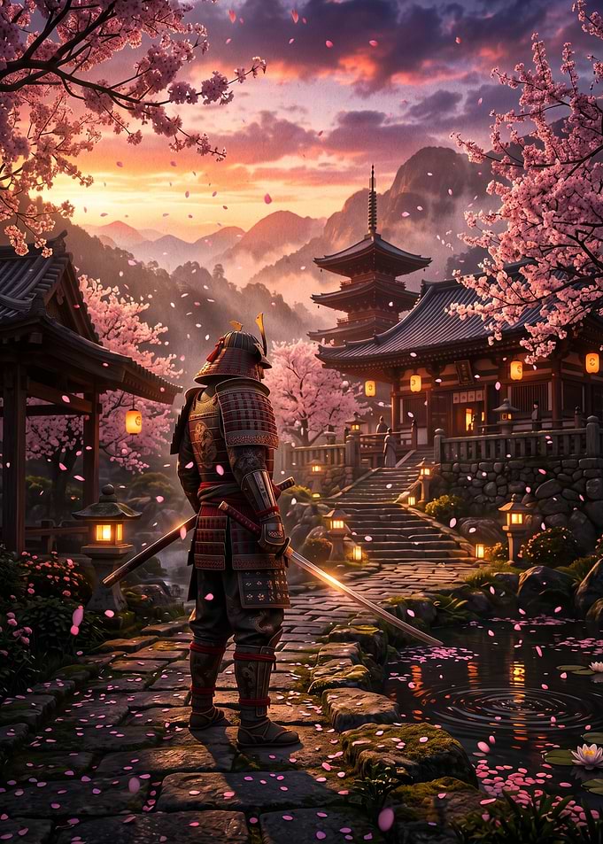 Samurai Standing Before Traditional Japanese Temple