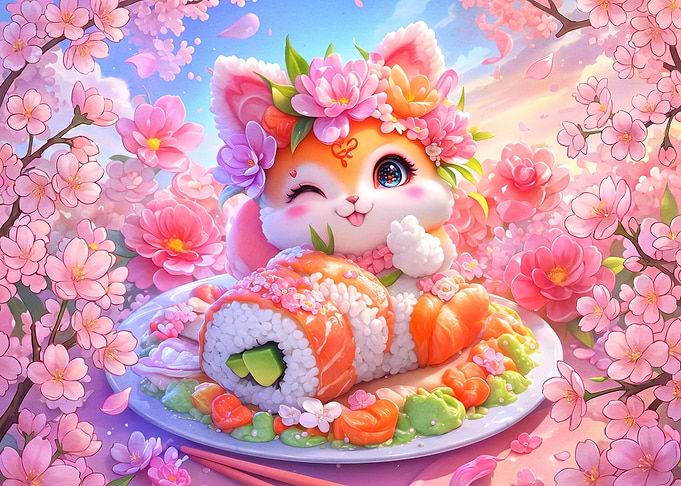 Cute Cat with Sushi and Sakura
