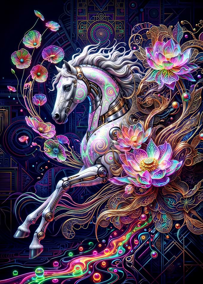 Neon Cybernetic Horse and Lotus Flowers