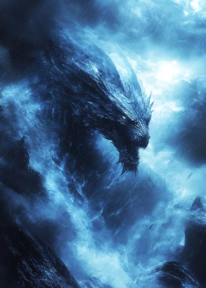 Blue Storm Dragon Emerging from Clouds