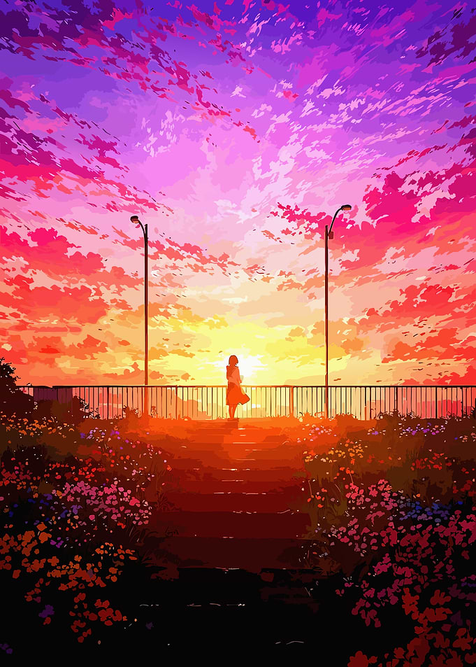 Anime Girl Watching Vibrant Sunset