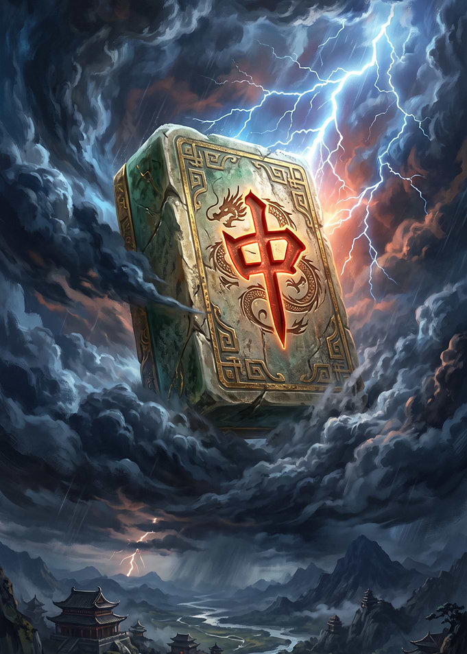 Mahjong Tile Floating in Stormy Sky