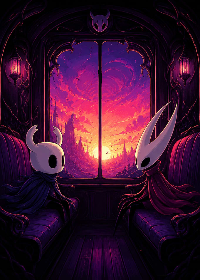 Hollow Knight and his friend on the train in long journey