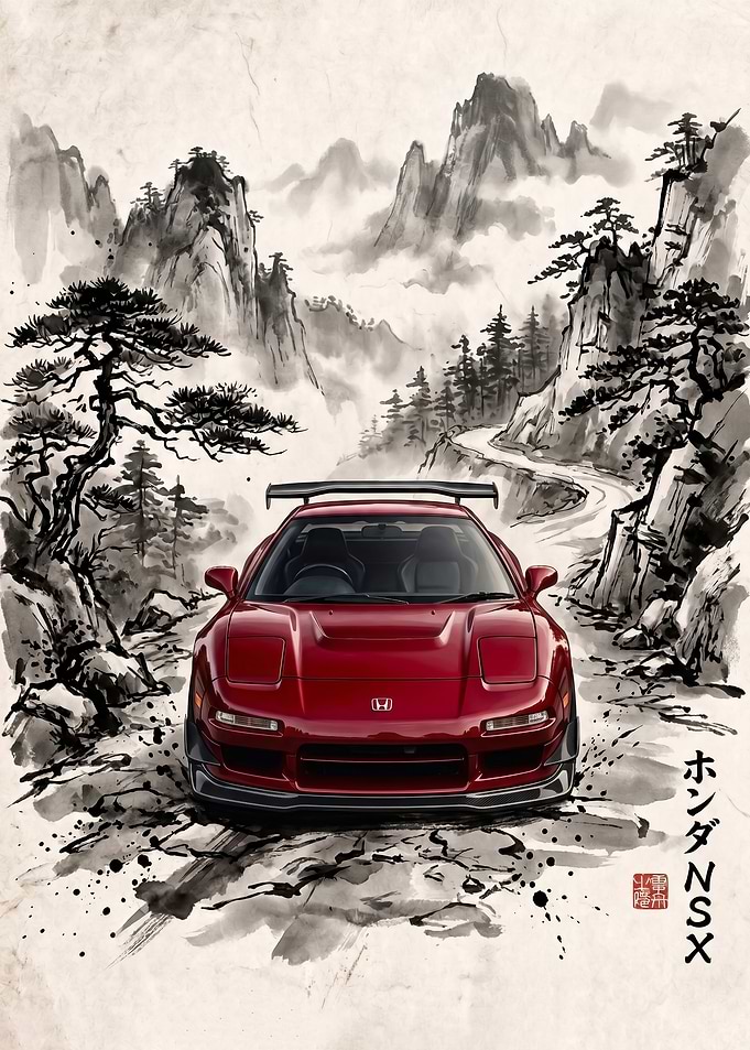 Honda NSX Ink Wash Mountain japanese art poster