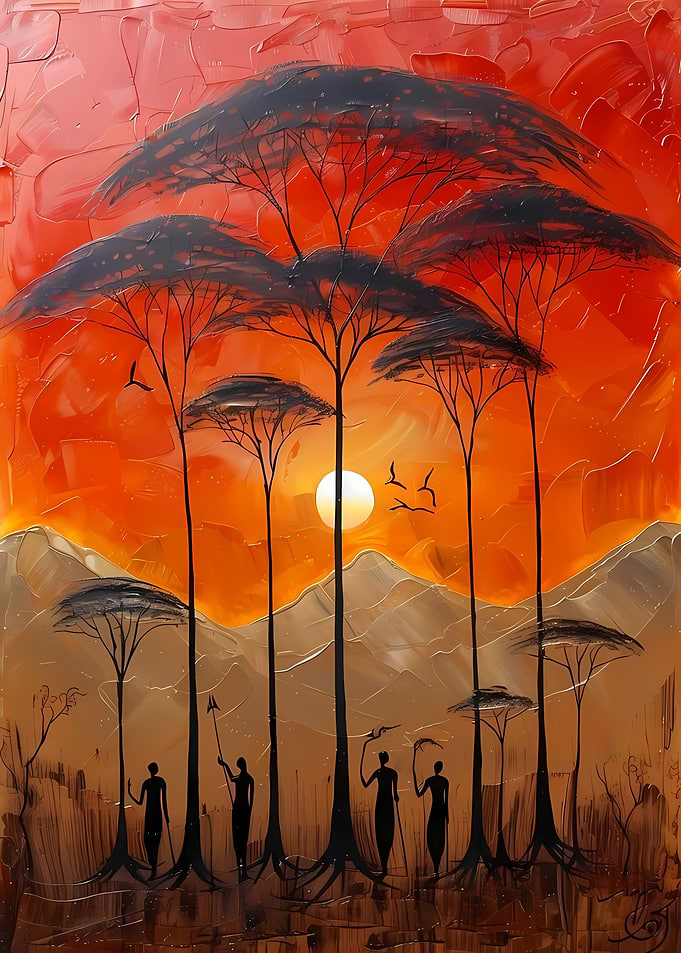 African Savannah Sunset Silhouette Painting
