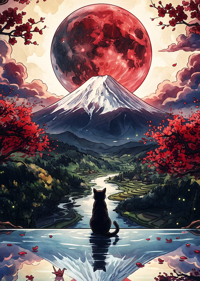 Black Cat Watching Red Moon