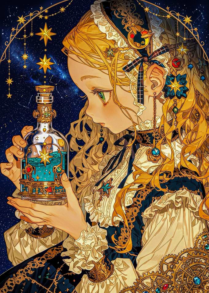 Anime Girl Holding Starry Potion Bottle