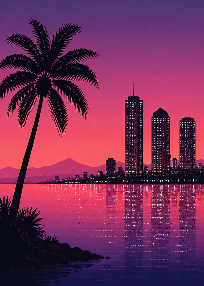 Synthwave Cityscape with Palm Tree