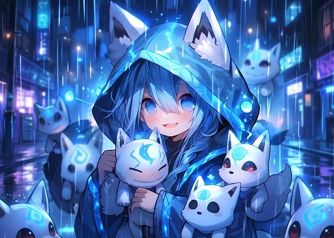 Anime Girl with Glowing Fox Spirits