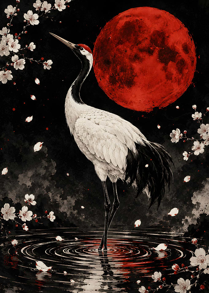 Red-Crowned Crane Under Blood Moon