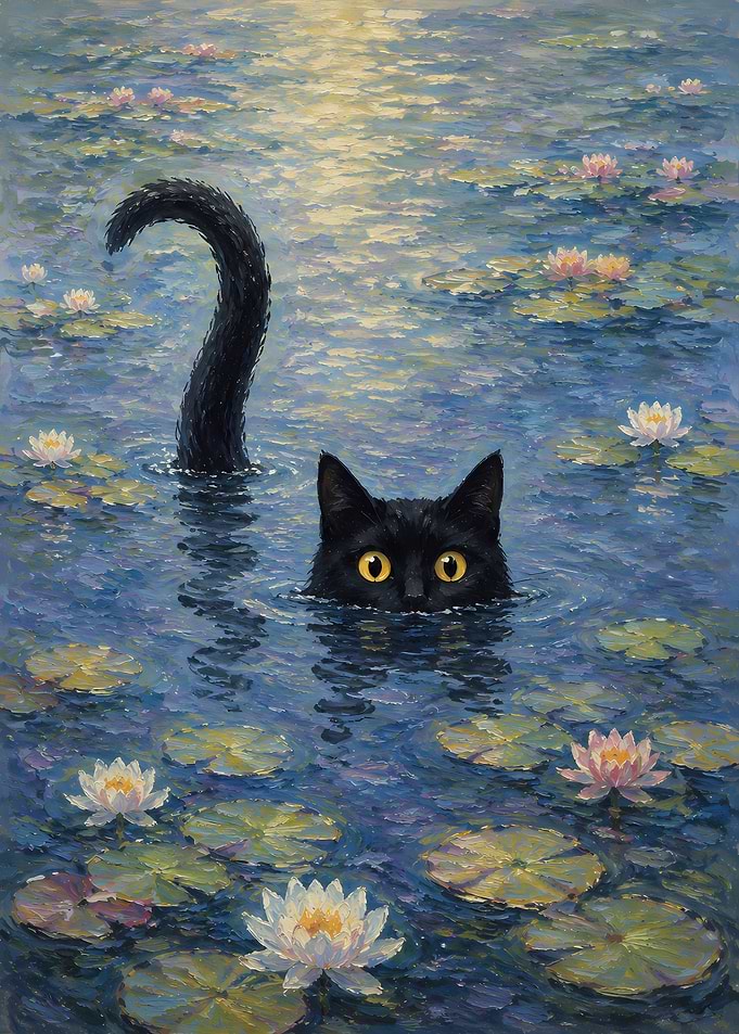 Black Cat Swimming in Water Lilies