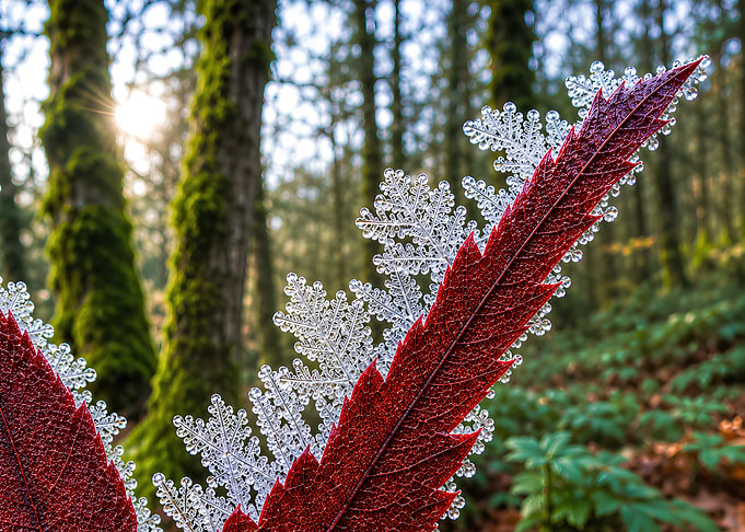 Red Leaf with Frosty Snowflake Edges