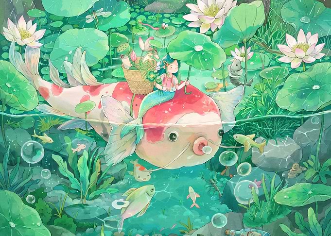 Mermaid Riding a Giant Koi Fish