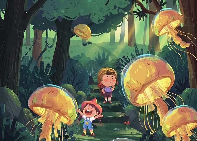 Children Discovering Glowing Forest Jellyfish