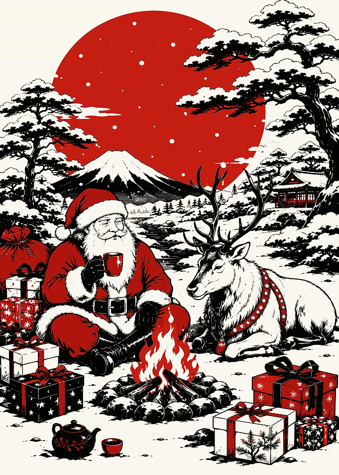 Santa and Reindeer by Mount Fuji