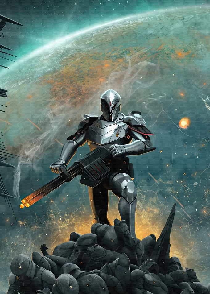 Futuristic Space Soldier Standing on Debris
