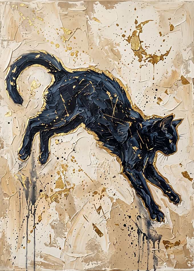 Abstract Black Cat with Gold Accents