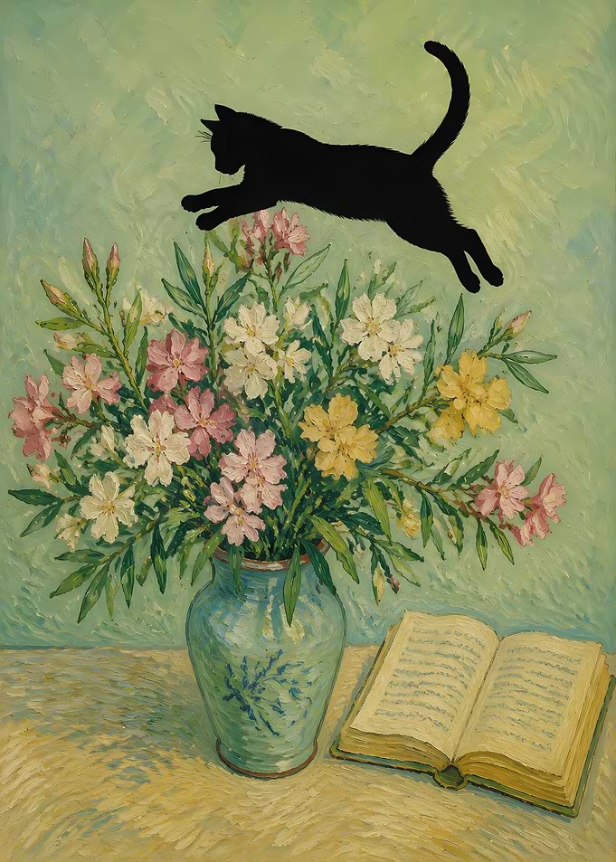 Black Cat Jumping Over Flower Vase