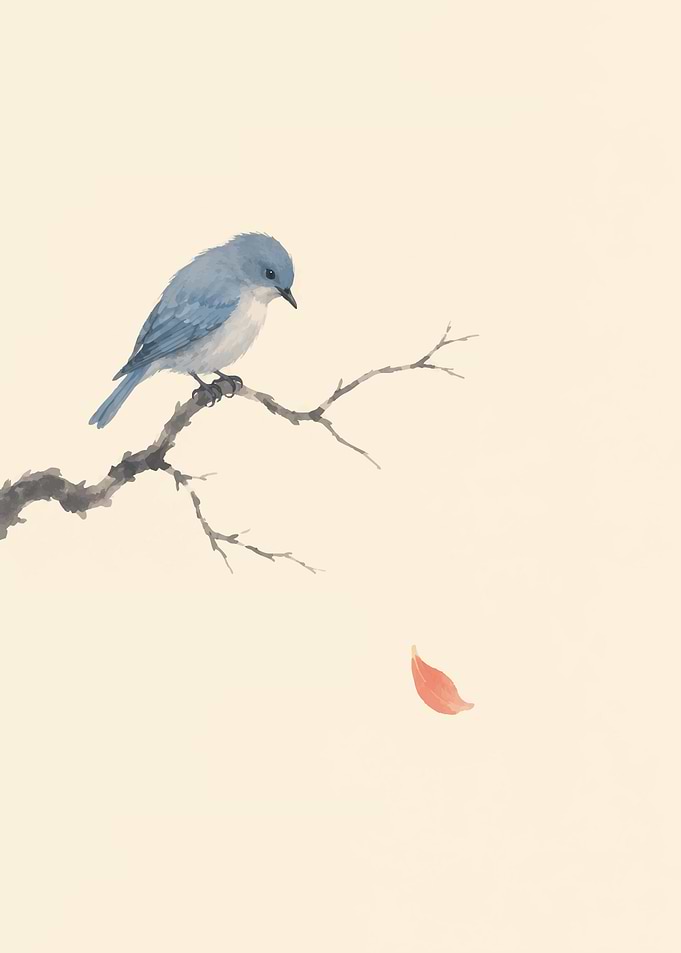 Blue Bird on Branch with Petal