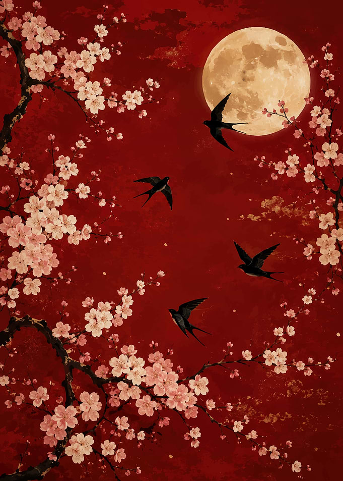 Swallows and Cherry Blossoms Under Moon